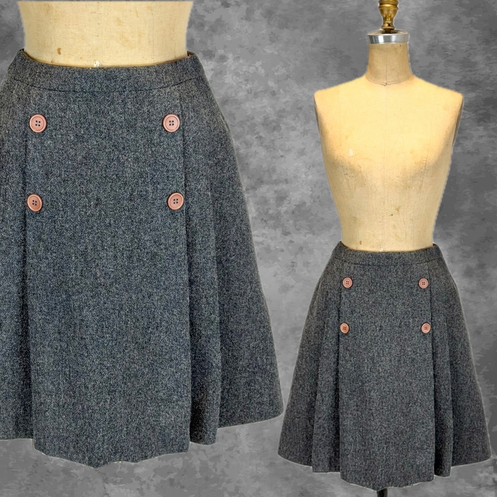 VINTAGE Sears wool mini midi skirt‎ a-line pleated charcoal gray schoolgirl prim